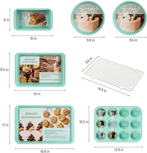 Load image into Gallery viewer, Rorence Bakeware Set Nonstick: Cookie Sheet, Rectangular Cake Pan, 2 Round Cake Pans, Muffin Pan, Loaf Pan & Cooling Rack - Set of 7 - Mint Green